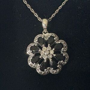 Elegant Silver Onyx Diamond Chips Flower Pendant Necklace.